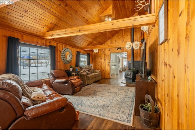 living room with a wood stove, vaulted ceiling with beams, hardwood / wood-style floors, wooden walls, and wood ceiling