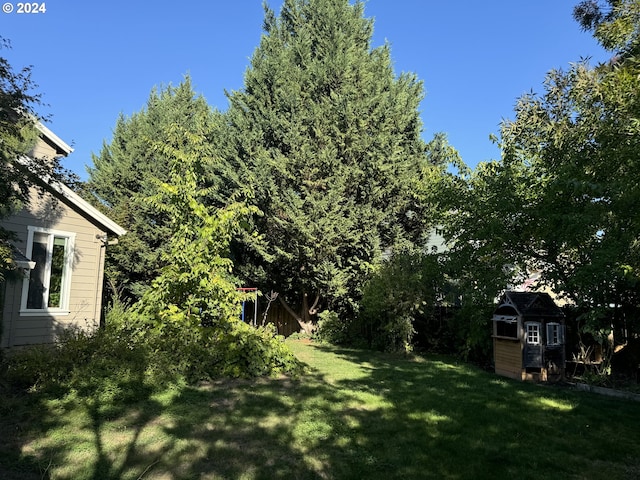 view of yard featuring a storage unit