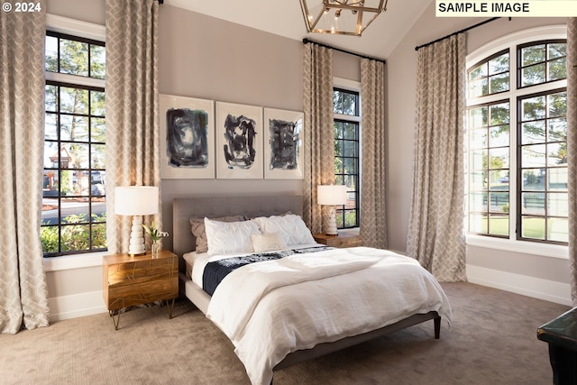 bedroom with lofted ceiling, multiple windows, and carpet