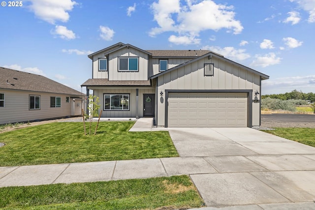 1588 NE 8th Pl, Hermiston, OR 97838 - view of front of property featuring board and batten siding, a front lawn, a garage, concrete driveway, and roof with shingles