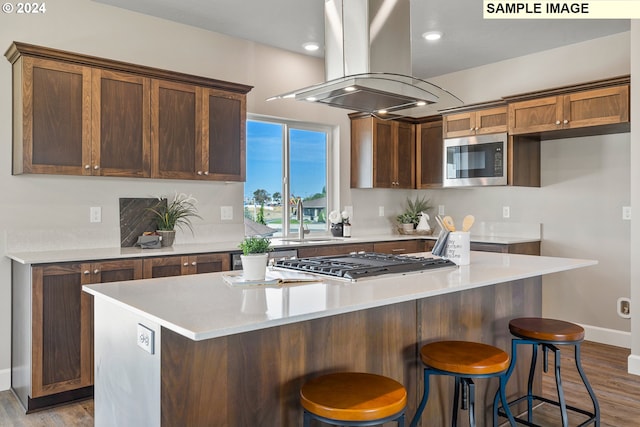 kitchen featuring a kitchen island, island exhaust hood, appliances with stainless steel finishes, wood finished floors, and a sink
