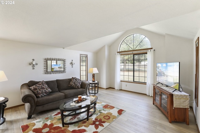 living room featuring vaulted ceiling and light hardwood / wood-style floors