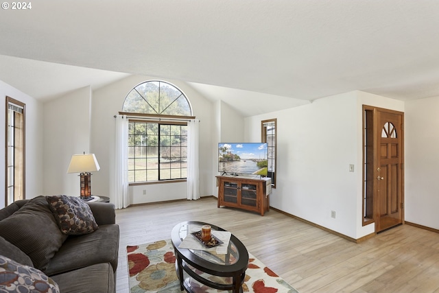 living room featuring vaulted ceiling and light hardwood / wood-style floors