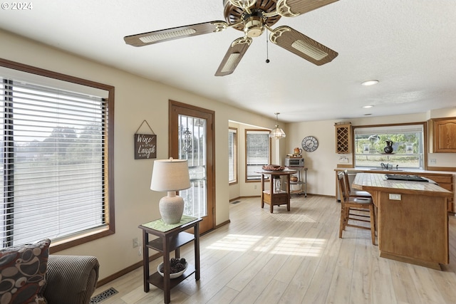 interior space featuring ceiling fan with notable chandelier, a textured ceiling, light hardwood / wood-style flooring, and sink