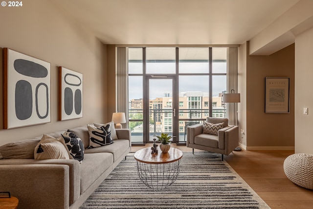 living room featuring plenty of natural light, expansive windows, and light wood-type flooring