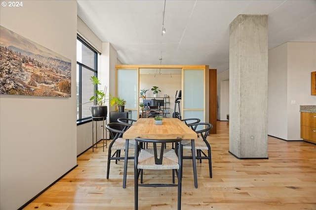 dining space featuring light hardwood / wood-style flooring and track lighting