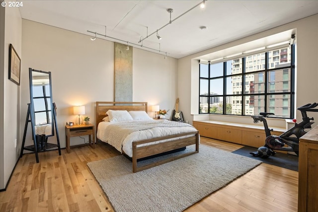 bedroom with light hardwood / wood-style floors and rail lighting