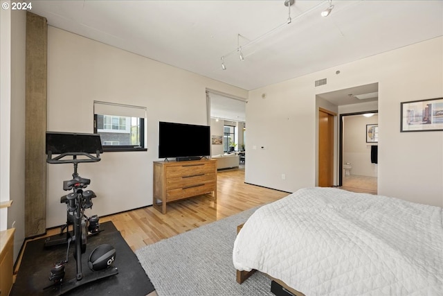 bedroom with multiple windows, ensuite bath, and light hardwood / wood-style flooring