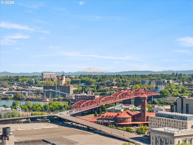 drone / aerial view featuring a water and mountain view