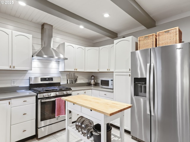 kitchen featuring white cabinets, appliances with stainless steel finishes, wall chimney exhaust hood, and beam ceiling