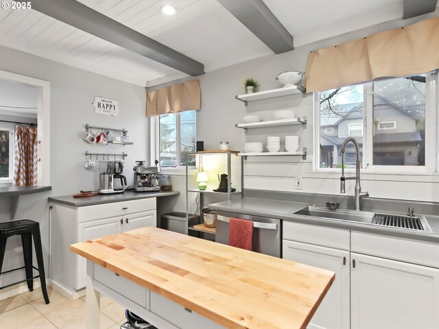 kitchen with sink, beam ceiling, dishwasher, butcher block countertops, and white cabinetry