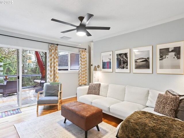 living room with ceiling fan and light hardwood / wood-style flooring