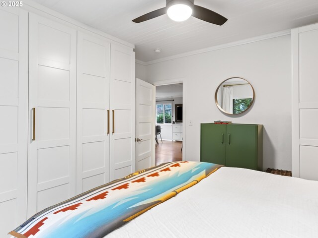 bedroom featuring ceiling fan, a closet, and ornamental molding