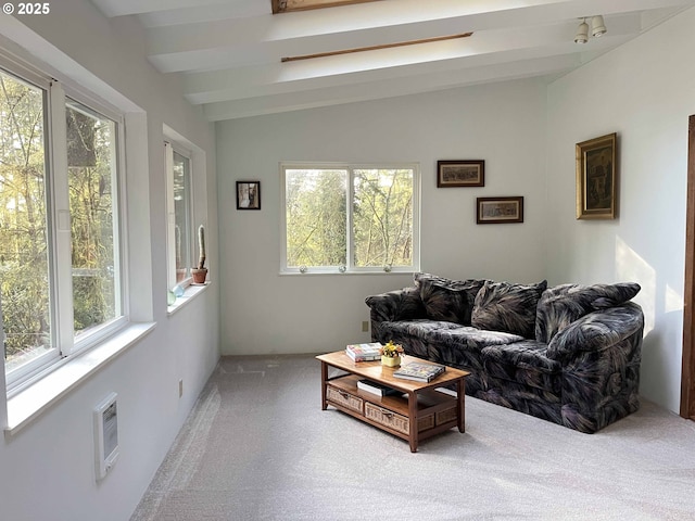 living room featuring carpet floors and lofted ceiling with beams