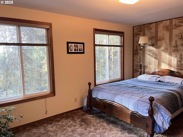 bedroom with dark colored carpet