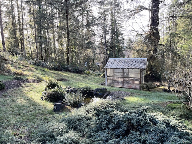 view of yard with an outbuilding, a greenhouse, and a forest view