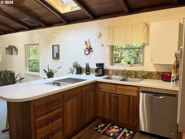 kitchen featuring a skylight, black electric stovetop, wooden ceiling, dishwasher, and sink