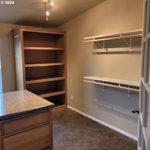 spacious closet featuring dark colored carpet