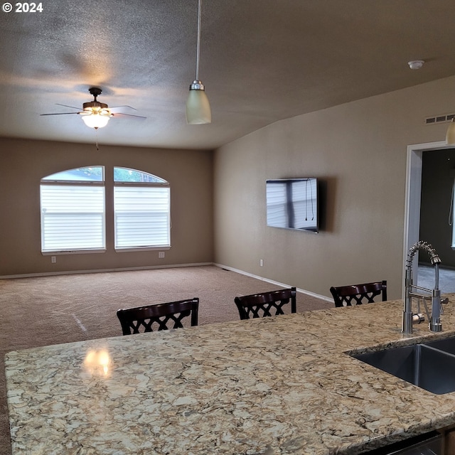 kitchen with ceiling fan, sink, carpet, and a textured ceiling