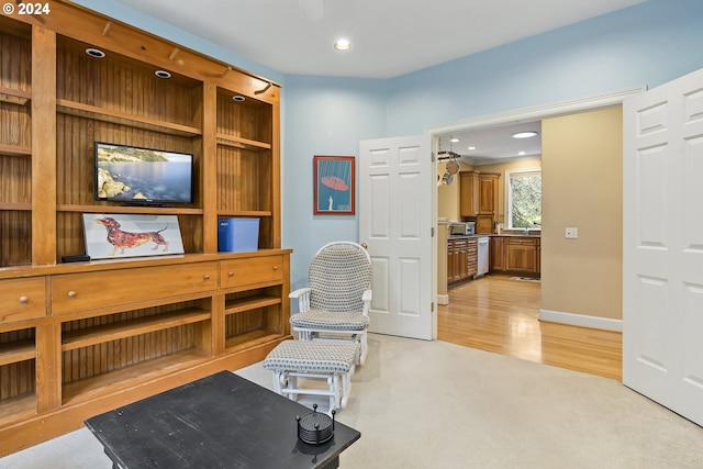 interior space featuring light colored carpet