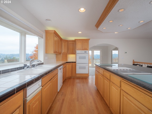 kitchen with plenty of natural light, light wood-type flooring, white appliances, and sink