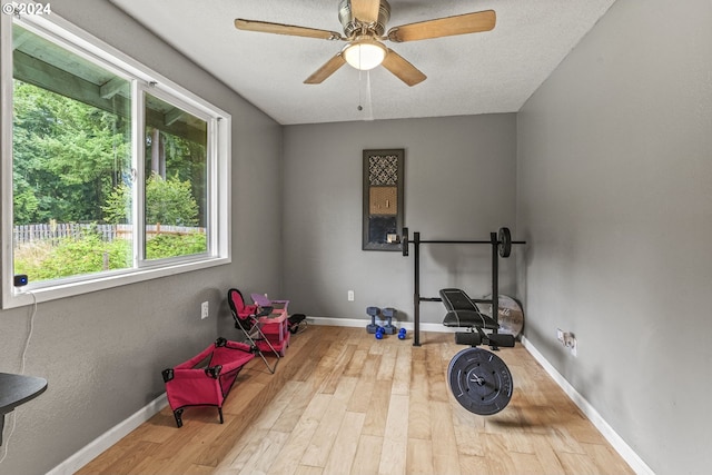 workout room featuring light hardwood / wood-style floors, ceiling fan, and a textured ceiling