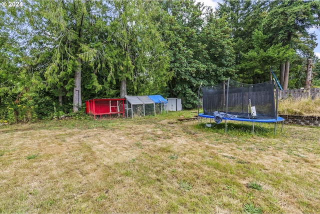 view of yard featuring a trampoline and a storage unit