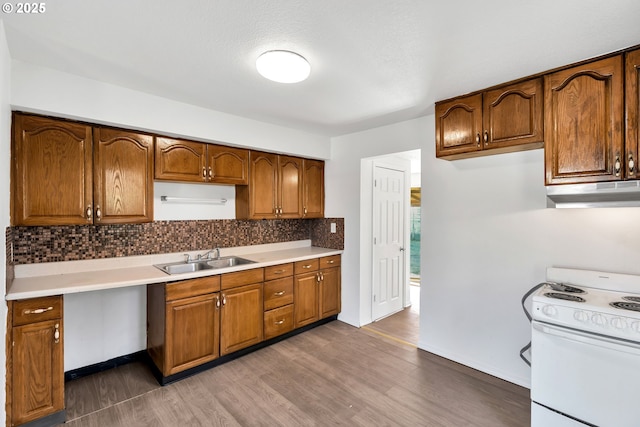 kitchen with electric stove, dark hardwood / wood-style flooring, sink, and decorative backsplash