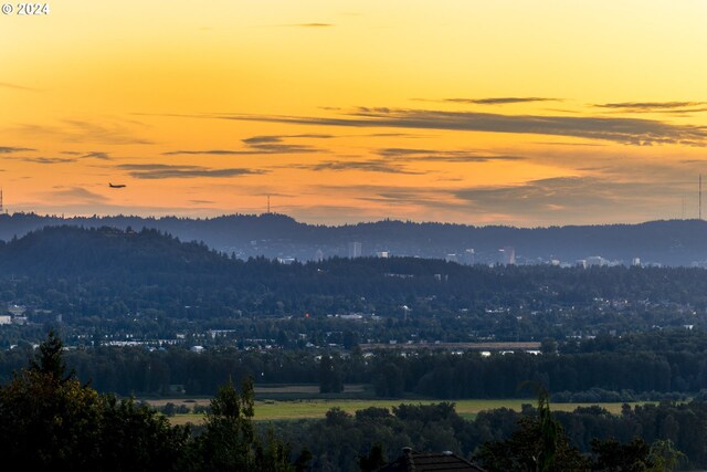 aerial view at dusk featuring a water view