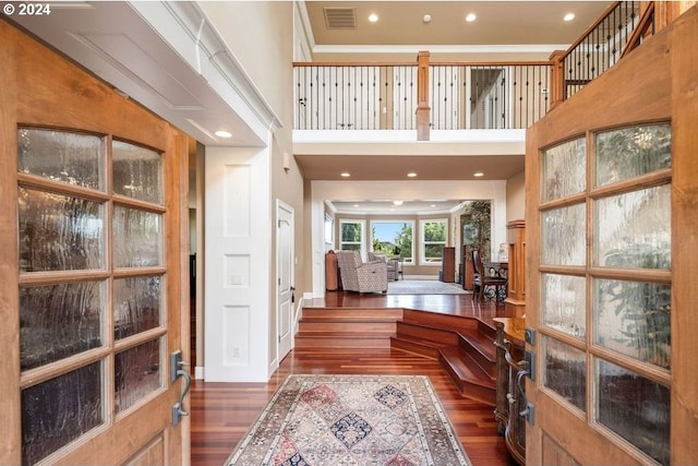 foyer featuring a high ceiling and dark wood-type flooring