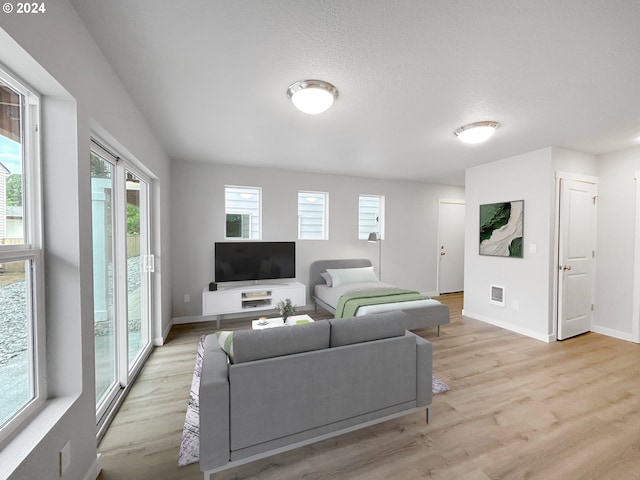 living room featuring light hardwood / wood-style flooring and a textured ceiling