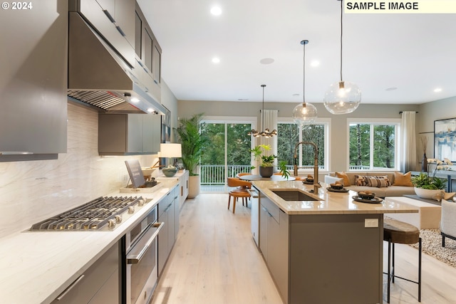 kitchen featuring an island with sink, light hardwood / wood-style floors, appliances with stainless steel finishes, pendant lighting, and sink