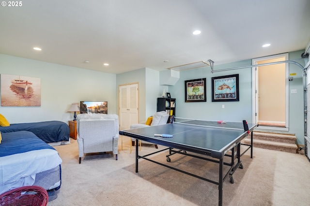 playroom featuring recessed lighting and light carpet