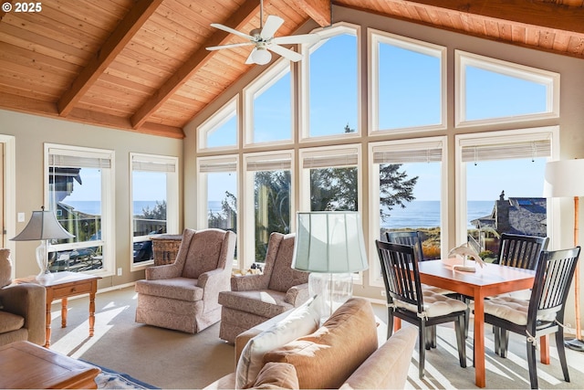 sunroom with lofted ceiling with beams, a water view, wood ceiling, and ceiling fan