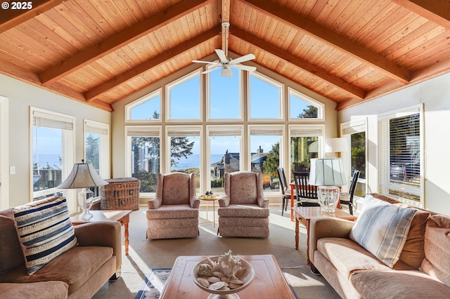 sunroom / solarium featuring vaulted ceiling with beams and wood ceiling