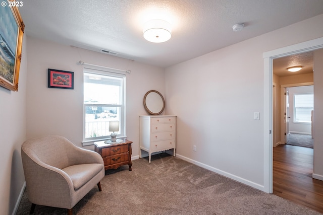 living area with a textured ceiling and carpet floors