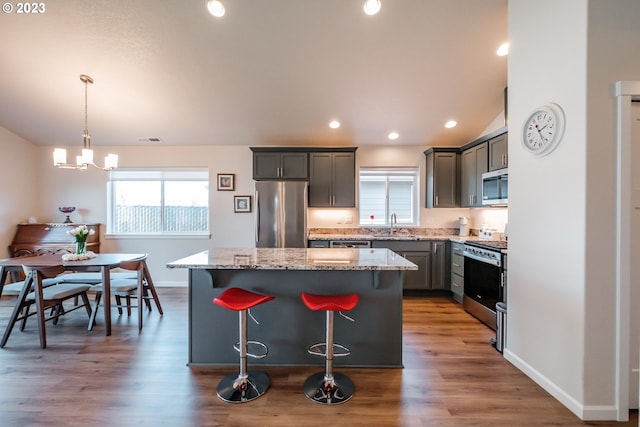 kitchen featuring a center island, appliances with stainless steel finishes, decorative light fixtures, and hardwood / wood-style flooring