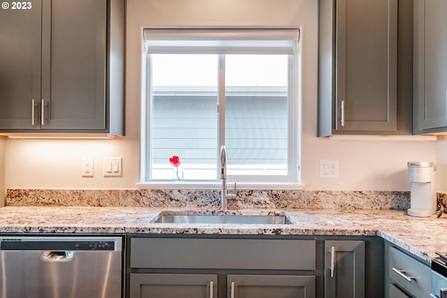 kitchen featuring dishwasher, a healthy amount of sunlight, sink, and gray cabinetry