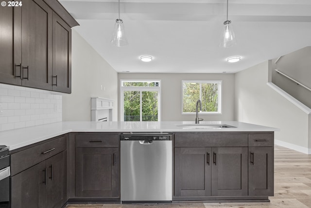 kitchen with hanging light fixtures, light wood-type flooring, backsplash, sink, and stainless steel dishwasher