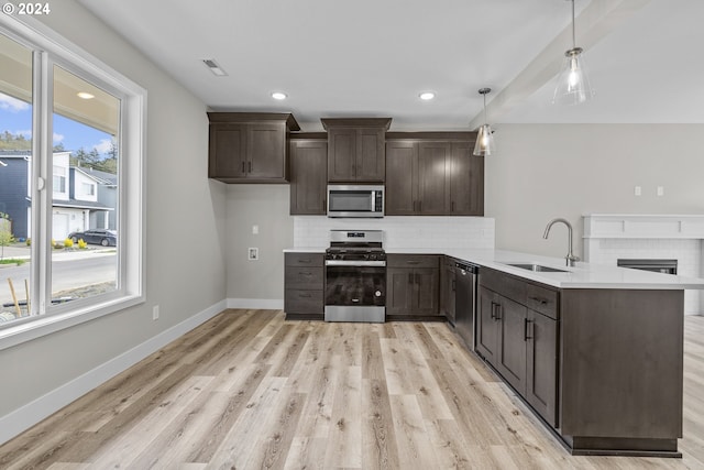 kitchen featuring backsplash, kitchen peninsula, stainless steel appliances, sink, and light hardwood / wood-style floors