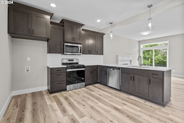 kitchen featuring appliances with stainless steel finishes, sink, light hardwood / wood-style floors, tasteful backsplash, and kitchen peninsula