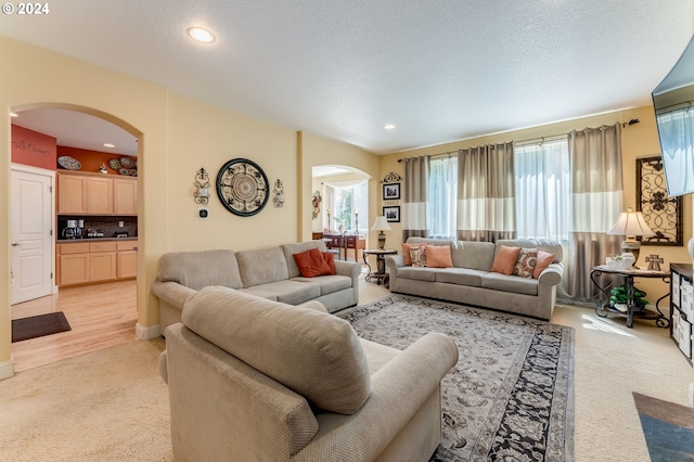 living room featuring light colored carpet and a textured ceiling