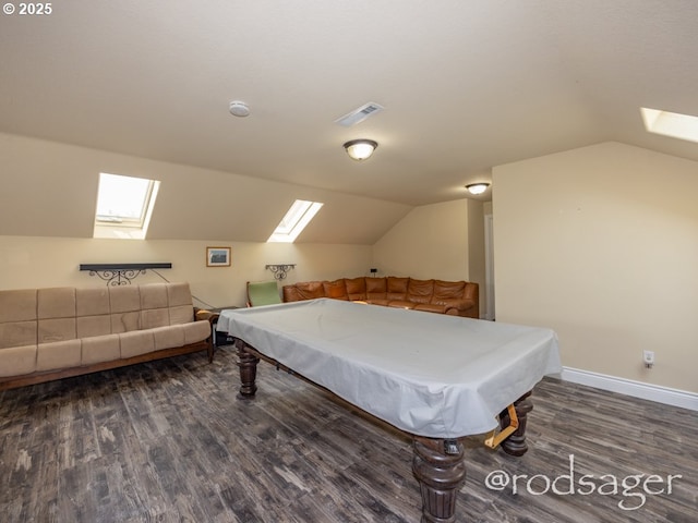 rec room featuring lofted ceiling with skylight, dark wood-type flooring, and pool table