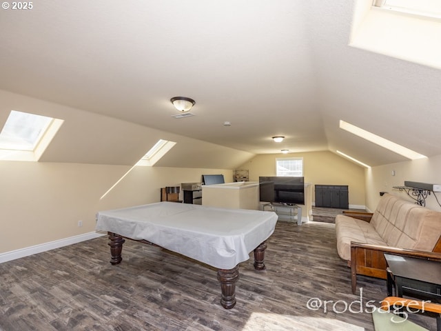 rec room featuring dark hardwood / wood-style flooring, vaulted ceiling with skylight, and billiards