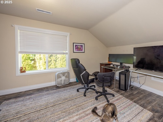 office area featuring wood-type flooring and lofted ceiling