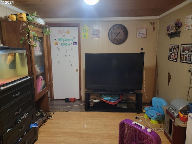 living room featuring wood ceiling and light wood-type flooring