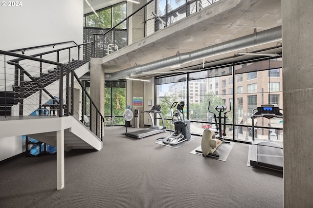 workout area featuring a towering ceiling and a wall of windows