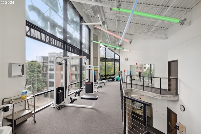 workout area featuring a high ceiling and a wall of windows