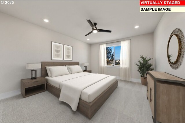 carpeted bedroom with ceiling fan