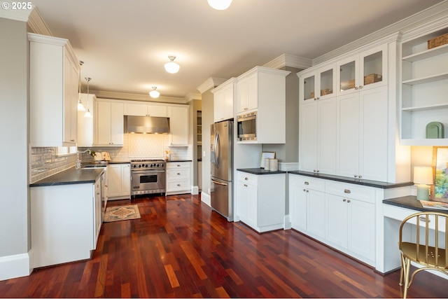 kitchen with stainless steel appliances, white cabinetry, pendant lighting, and dark hardwood / wood-style flooring